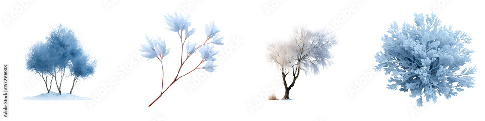 Naklejka premium Winter Tree Collection: Icy Blue Trees and Bushes on White Background