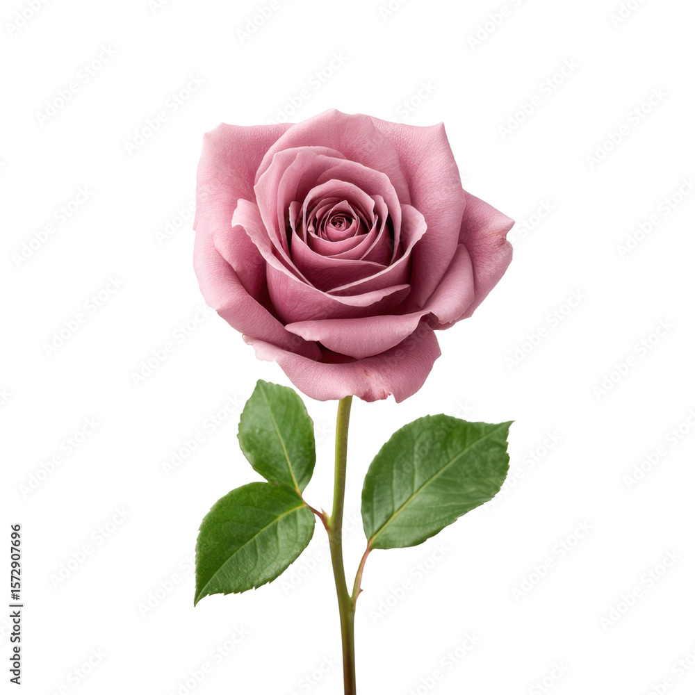 Obraz premium Elegant Pink Rose with Soft Petals and Rich Green Leaves Isolated on White Background Transparent background or png