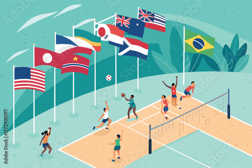 A dynamic, wide-angle vector illustration depicting the intense action and excitement of an international volleyball match.
