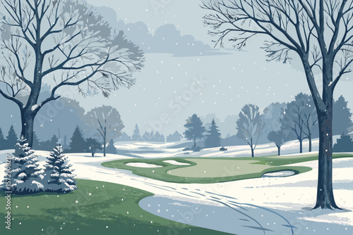 A vector illustration of a snowy winter golf course, featuring snow patches and possibly a barre (perhaps a snow fence or similar).