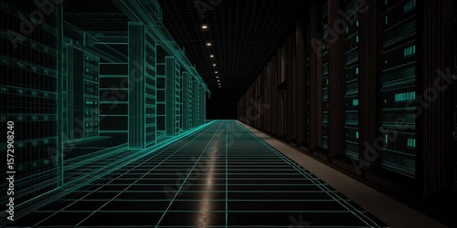 Data center interior with rows of glowing generated by mid journey 