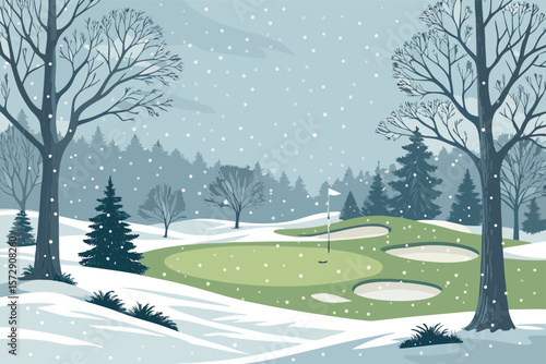 A vector illustration depicting a snowy winter golf course near Barre, Vermont, with visible snow patches on the green.