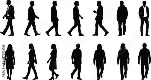 Silhouettes of Diverse People Walking and Standing, Including Businessmen and Casual Individuals, for Architectural and Urban Design Projects, Isolated on White Background, Full Length