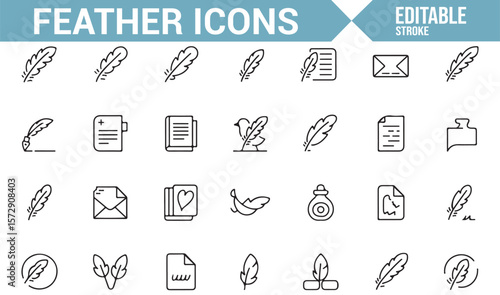 Set of Writing, Paper, and Feather Icons for Letters, Documents, and Literature