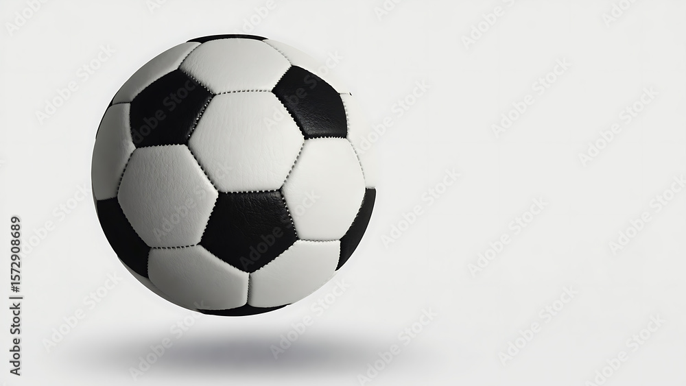 Naklejka premium A classic black and white soccer ball floats against a clean, bright white background with a soft shadow.