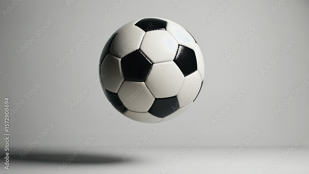 A classic black and white soccer ball floating in a studio with soft lighting and a subtle shadow. A classic black and white soccer ball floating in a studio with soft lighting and a subtle shadow.