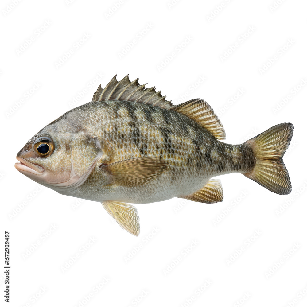 Fototapeta premium Freshwater fish with striped body and detailed scales, showcasing vibrant colors, isolated on a clean white background Transparent background or png