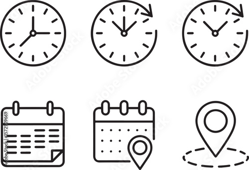 Clock Calendar and Location Icon Set Illustrating Time Management Scheduling and Navigation with Modern Simple Line Art Symbols for Business and Personal Organization