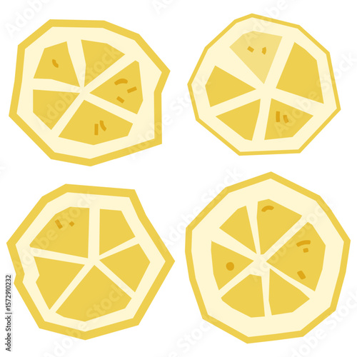 Lemon Slices Flat Illustration Set. Four stylized lemon slices in a flat cartoon style, top view. Yellow and cream colors, geometric shapes, isolated on white background.