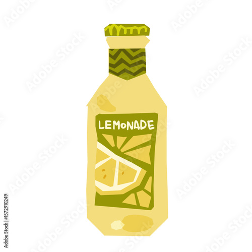 Lemonade Bottle Flat Illustration. Yellow lemonade bottle with geometric lemon slice label and green patterned cap. Flat cartoon style in warm tones on white background.