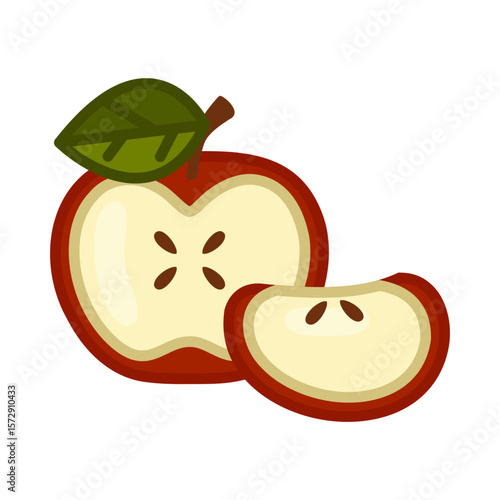 Red Apple Slice Food Illustration. Juicy red apple with one slice and visible seeds, symbolizing healthy eating and fresh fruit. Flat cartoon-style food illustration with warm and cozy vibe.