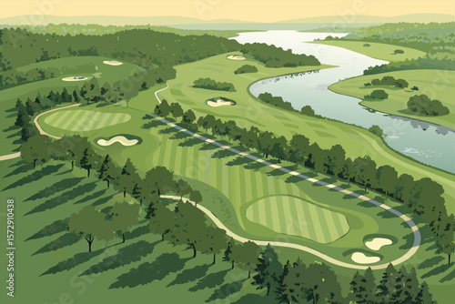 Vector aerial view of a golf course with visible bunkers.