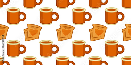 Breakfast Toast and Mug Pattern. Warm mugs and toasts with jam hearts in a seamless comforting pattern. Flat cartoon style with soft tones and cozy atmosphere.