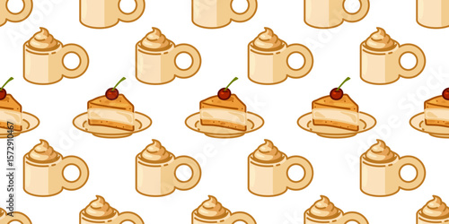 Cake and Coffee Seamless Pattern. Tasty cake slices with cherries and creamy hot drinks in a seamless dessert pattern. Flat cartoon style with warm cozy tones and sweet mood.
