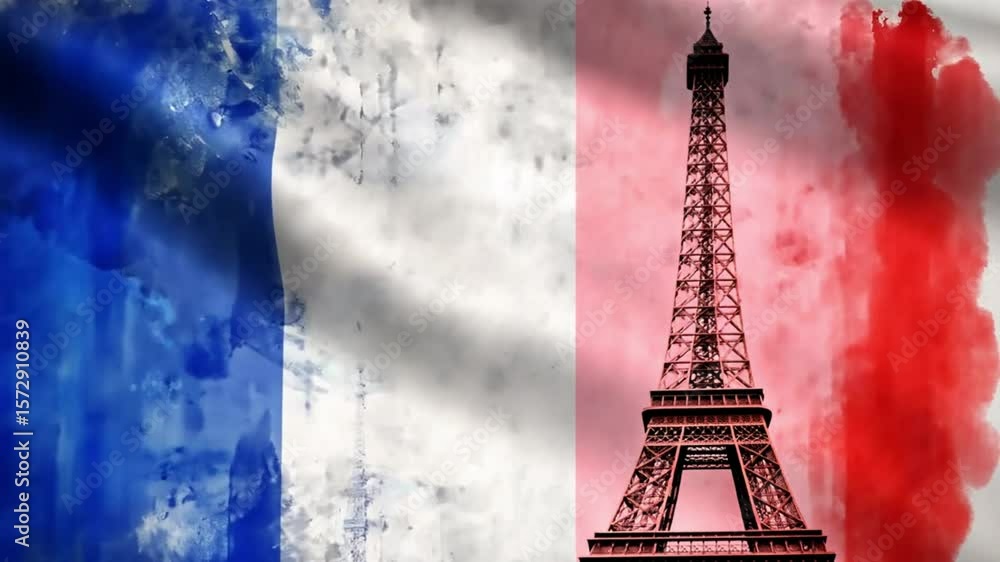 Drapeau tricolore bleu blanc rouge flottant au vent avec effet de mouvement fluide, Tour Eiffel en surimpression rouge, animation visuelle pour célébration de la Fête nationale française le 14 juillet