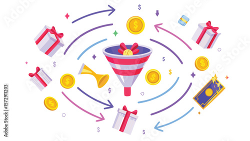 Illustration showcasing a sales funnel with coins, gifts, and money circulating around it nicely
