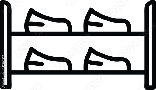 Vector art of a simple line drawing shows a shoe rack with pairs of shoes neatly arranged on two shelves