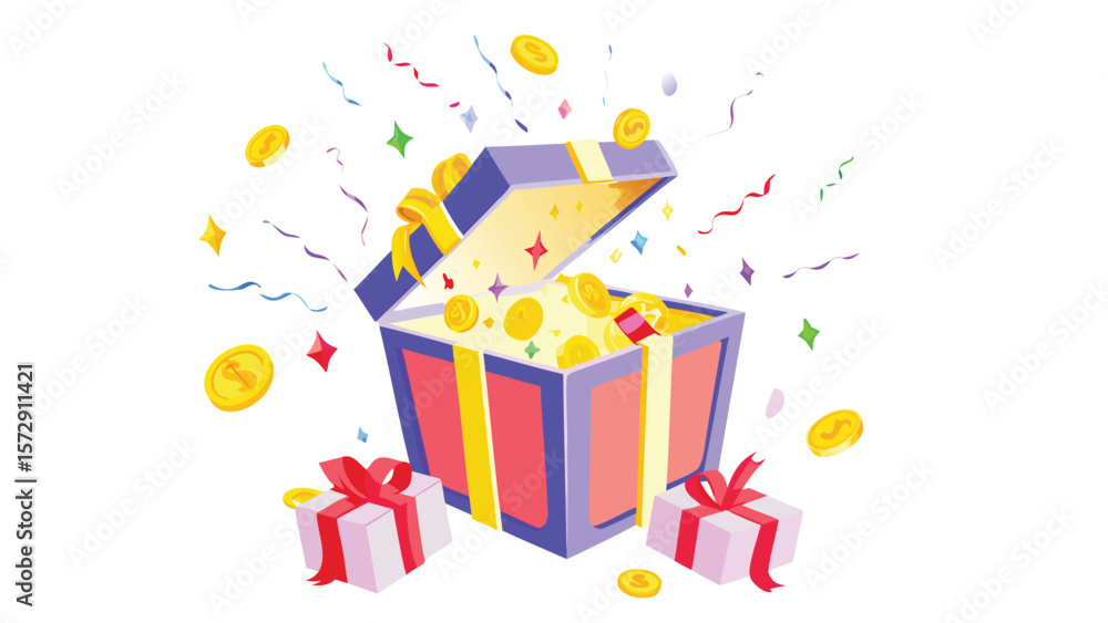 Illustration of an open gift box with coins and confetti, accompanied by two smaller gift boxes nearby Illustration of an open gift box with coins and confetti, accompanied by two smaller gift boxes nearby