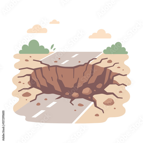 Road collapse with a large sinkhole and cracks in the ground. Natural disaster, damaged infrastructure, or earthquake impact concept in flat cartoon style. Vector illustration isolated on white.