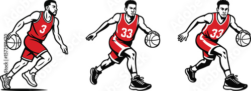 Basketball Players in Red Uniforms Dribbling Action