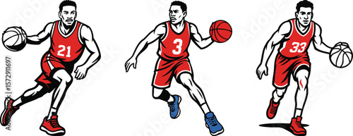 Basketball Players in Red Uniforms Dribbling & Shooting