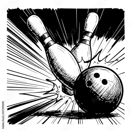 Striking Strike: A bowling ball colliding with pins in a dynamic display of energy and motion, the intensity of the moment.