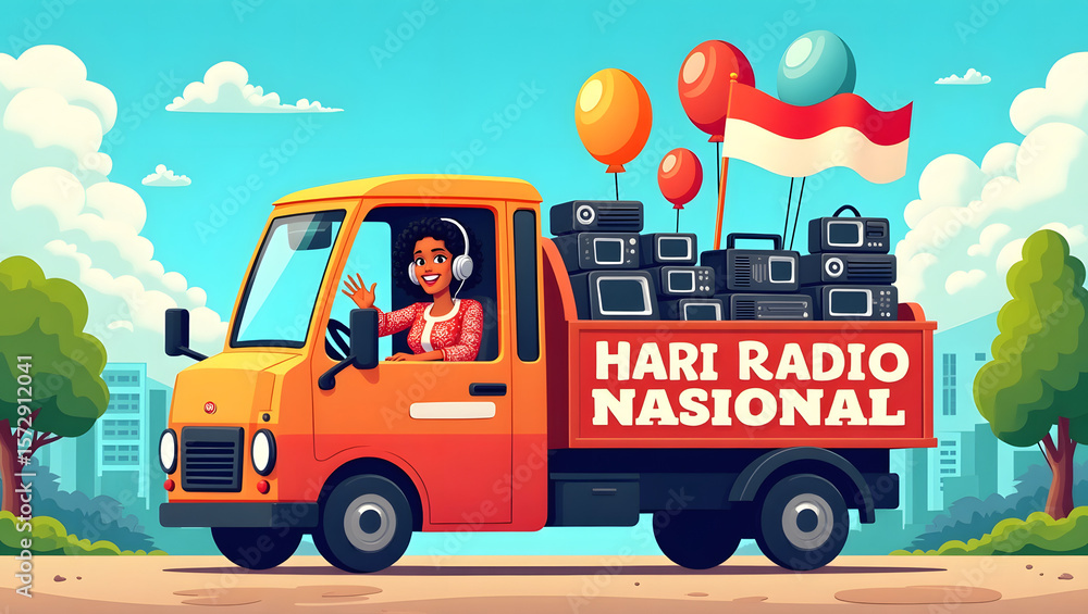 Fototapeta premium A vibrant and colorful illustration depicting a festive National Radio Day celebration in Indonesia
