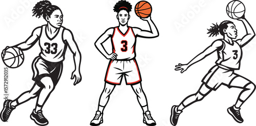 Female Basketball Players Red Uniform Dynamic Action Silhouette