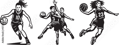 Basketball Players Dynamic Dribbling and Running Silhouette