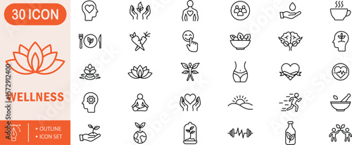 Wellness outline icon set. wellness, health, fitness, meditation, yoga, relaxation, spa, nutrition, exercise, mindfulness, therapy, selfcare, lifestyle, balance, mentalhealth, detox, vitality .