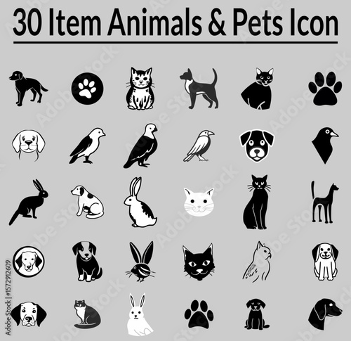 Pet animal vector silhouettes in various poses.
Pixel perfect Editable stroke. For Mobile and Web. The set contains icons: Pets, Petting, Dog, Domestic Cat, Animal Themes, Animal, Animal Paw Print Ico