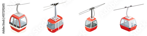 Cable Car Gondolas: Red Aerial Tramway Cars Isolated on White Background