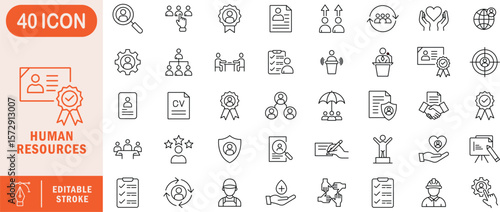 Human resource editable line icon set. human, resource, hr, employee, staff, recruitment, talent, hiring, workforce, team, management, career.
