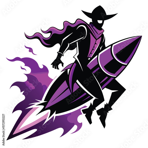Stylized superhero riding a rocket with purple flames and cape silhouette