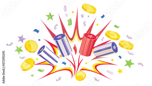 Illustration of exploding party poppers with confetti and gold coins scattered around on white background