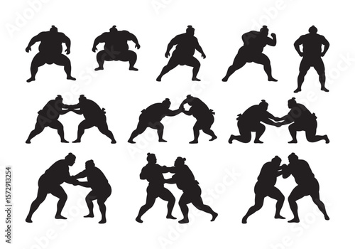 Sumo Wrestlers Vector Silhouette Set Fighting Poses