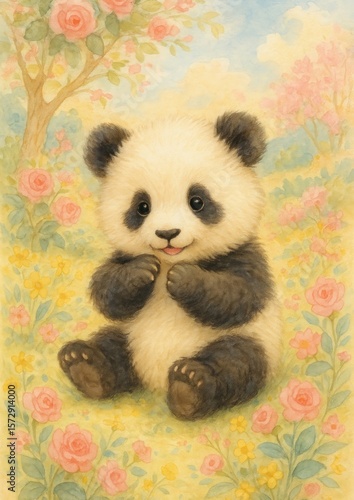 Adorable panda amidst blooming flowers.
