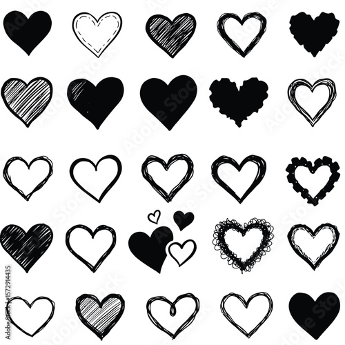 Collection of hand drawn heart shapes in various styles including solid black filled and sketched outlines silhouette isolated on white background