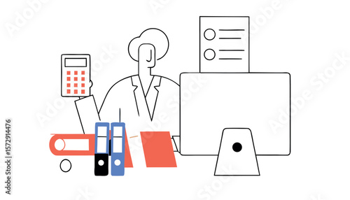 Financial Accounting and Bookkeeping with Person, Calculator, Computer, and Binders