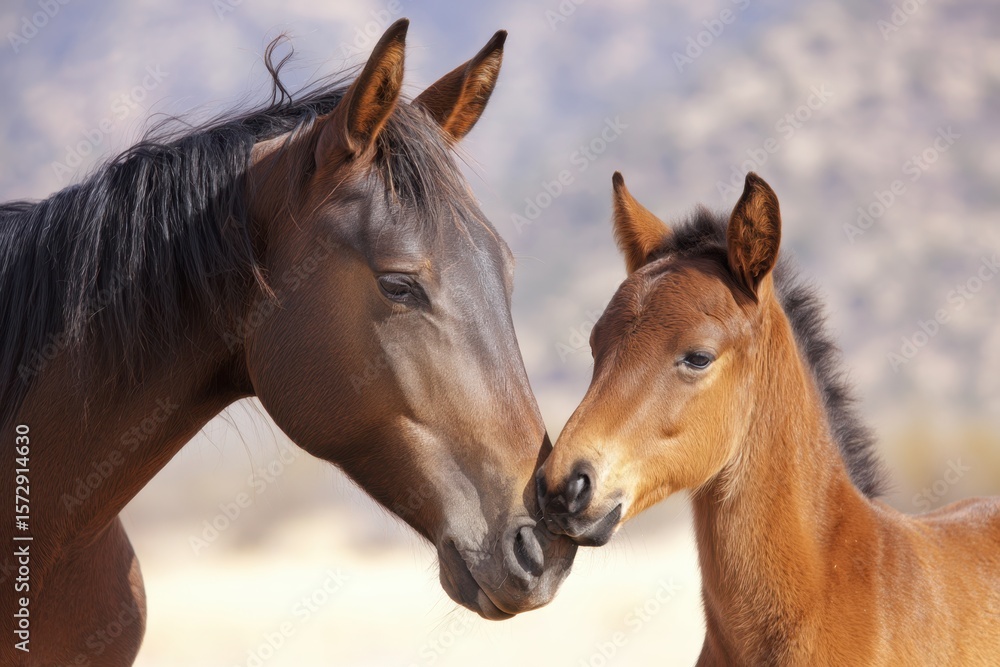 Tender Moment Between Horse and Foal in Natural Setting. Tender Moment Between Horse and Foal in Natural Setting.