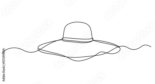 Line art straw hat floating on water
