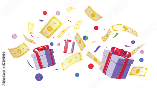 A festive illustration featuring gift boxes, money, confetti, and coins scattered on a white background