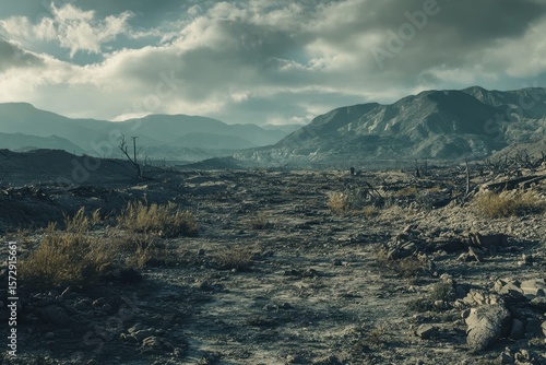 Landscape scarred by nuclear fallout showing desolation and barren land under a cloudy sky, landscape scarred by nuclear fallout, Seamless ing Photo background