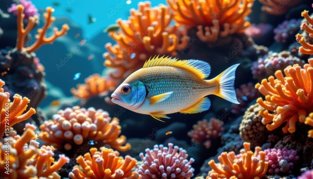 Fototapeta premium a lively fish swims through a vibrant coral reef, surrounded by dazzling colors and illuminated by the bright hues of the sun.