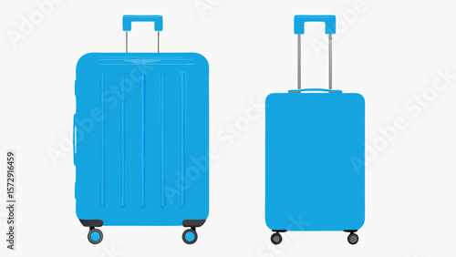 3D Blue wheeled suitcase for travel. Cabin luggage. Plastic bag for flight. Journey concept. Time to tourism and vacation. Booking your next trip. Cartoon design icon set. 3D Vector illustration