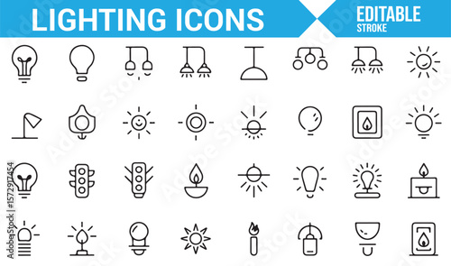 Street Lamp, Light Bulb, and Lighting Icons for Home and Outdoor Illumination