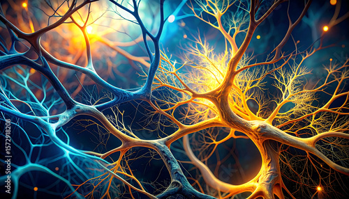 Neural network with glowing organic branches and digital loop pattern, vibrant blue and orange colors create dynamic and intricate connection