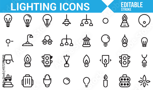 Lighting, Lamp, and Illumination Icons for Street, Indoor, and Outdoor Lighting Designs