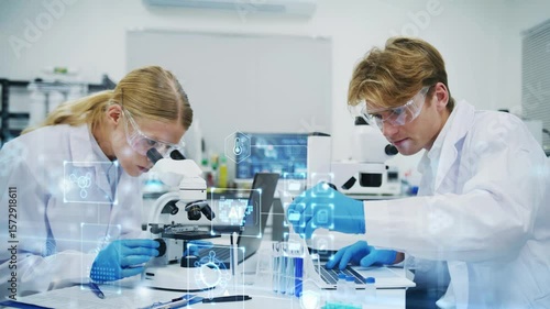 A researcher in a lab uses a microscope, takes notes, and integrates advanced AI technology to support innovative scientific research.