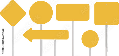 Collection of blank yellow road signs with different shapes on metal poles against a white background